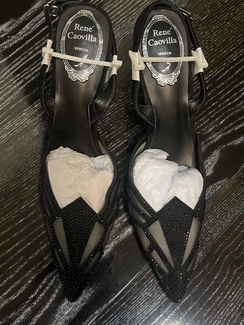 Rene Caovilla Black Pointed Slingback Heels with Crystal Accents